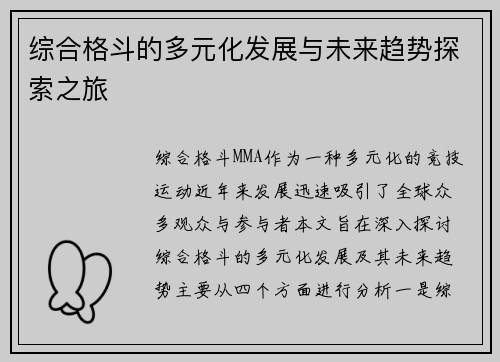 综合格斗的多元化发展与未来趋势探索之旅