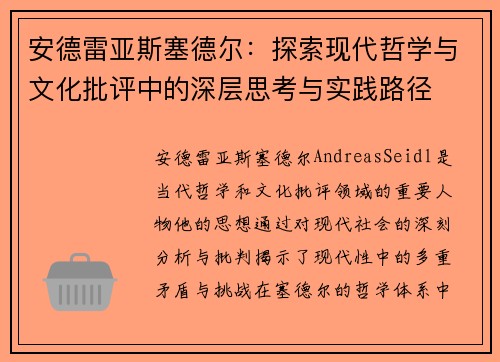 安德雷亚斯塞德尔：探索现代哲学与文化批评中的深层思考与实践路径